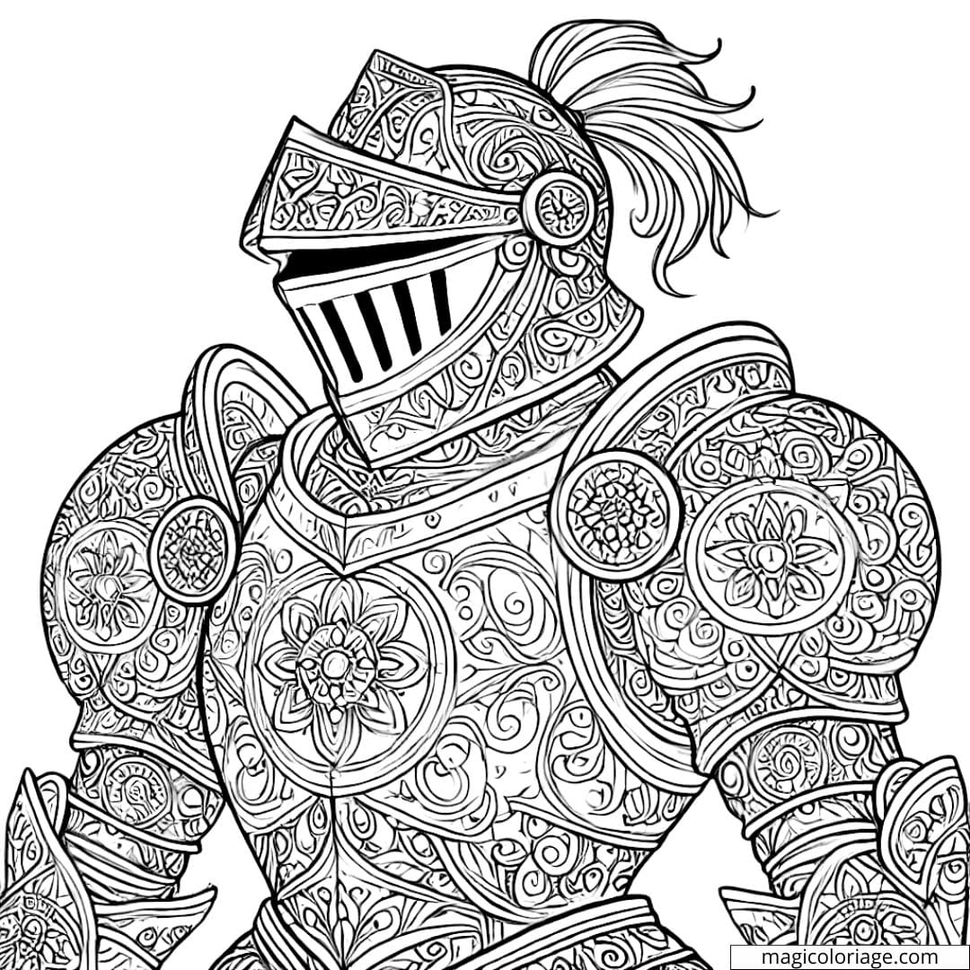 Dessin à colorier d'un chevalier enchanté Disney avec motifs mandala, coloriage mandala chevalier enchanté Disney à imprimer