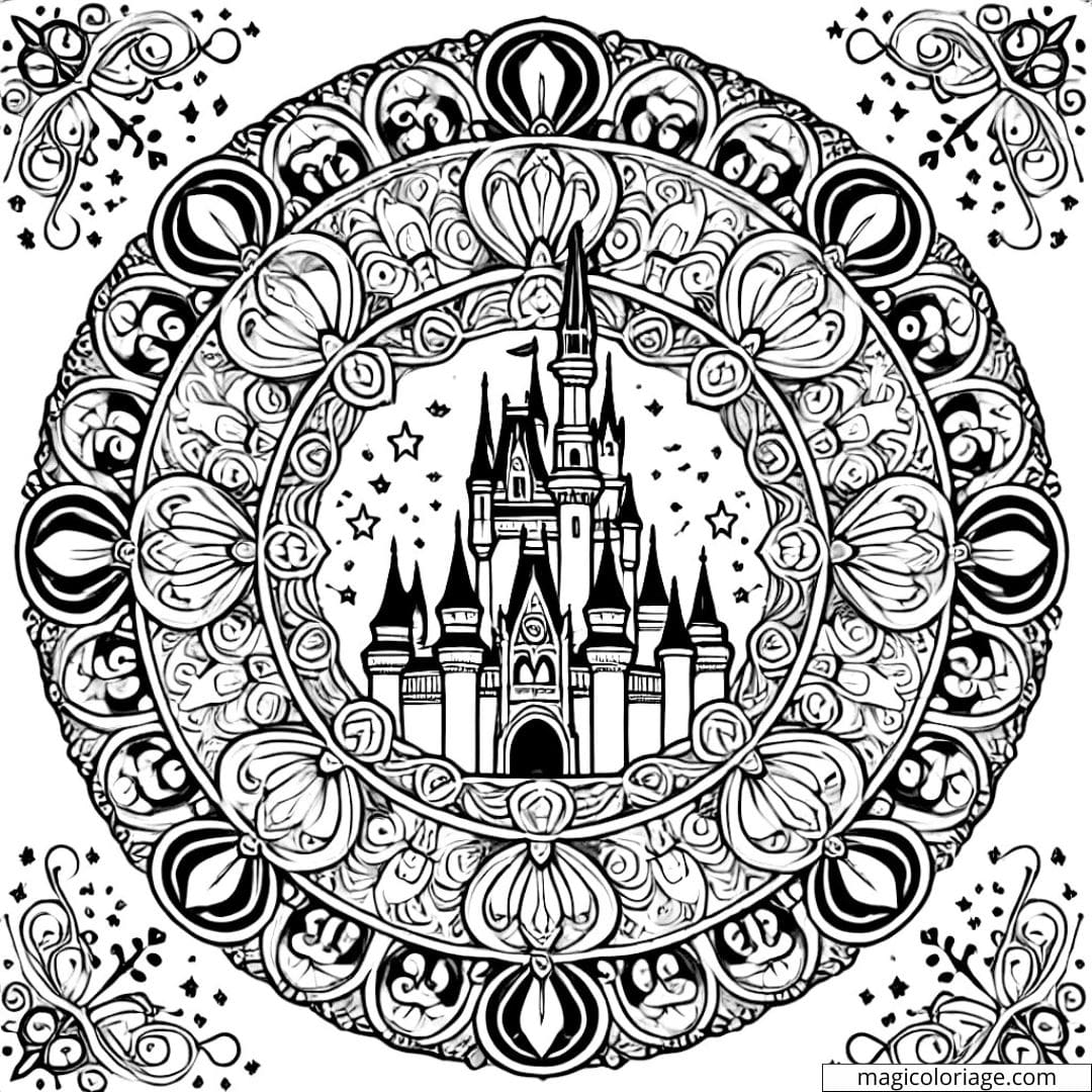 Mandala Disney avec château et motifs détaillés pour coloriage enfants.