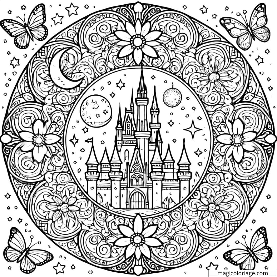Mandala Disney avec un château, des étoiles, des lunes et des papillons pour coloriage enfants.