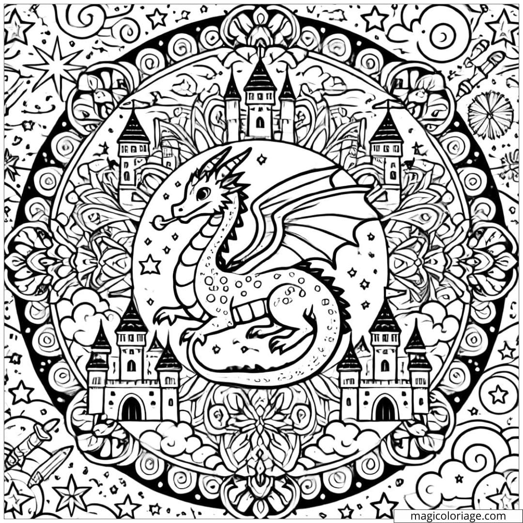 Mandala Disney avec un dragon, des châteaux, des étoiles et des nuages pour coloriage enfants.