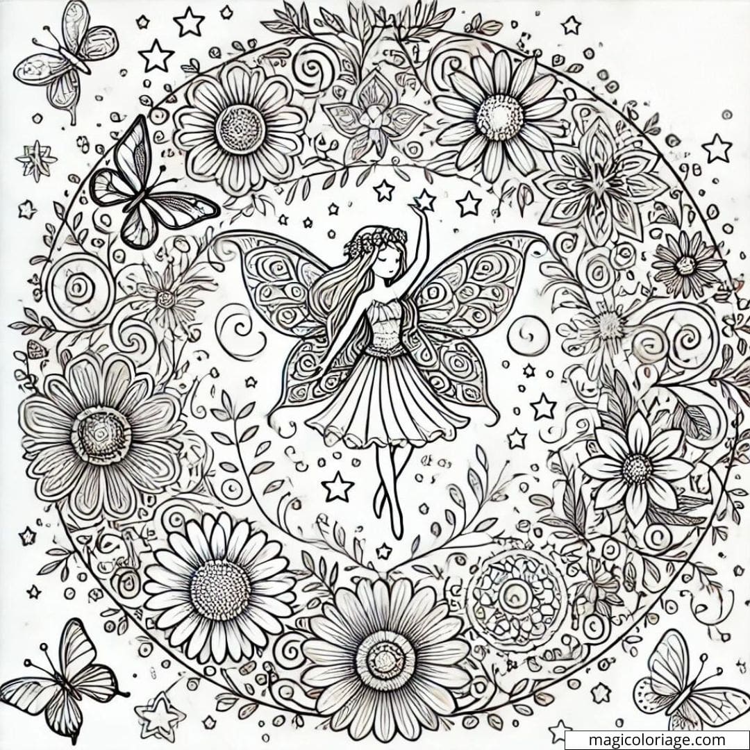 Mandala Disney avec une fée, des fleurs, des étoiles et des papillons pour coloriage enfants.