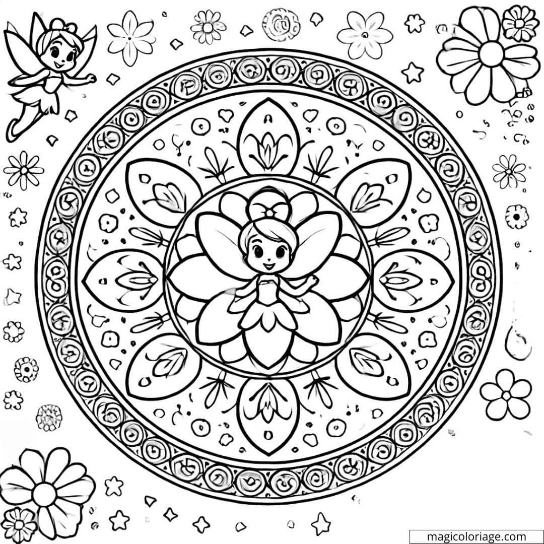 Mandala Disney simple avec une Fée pour coloriage maternelle.