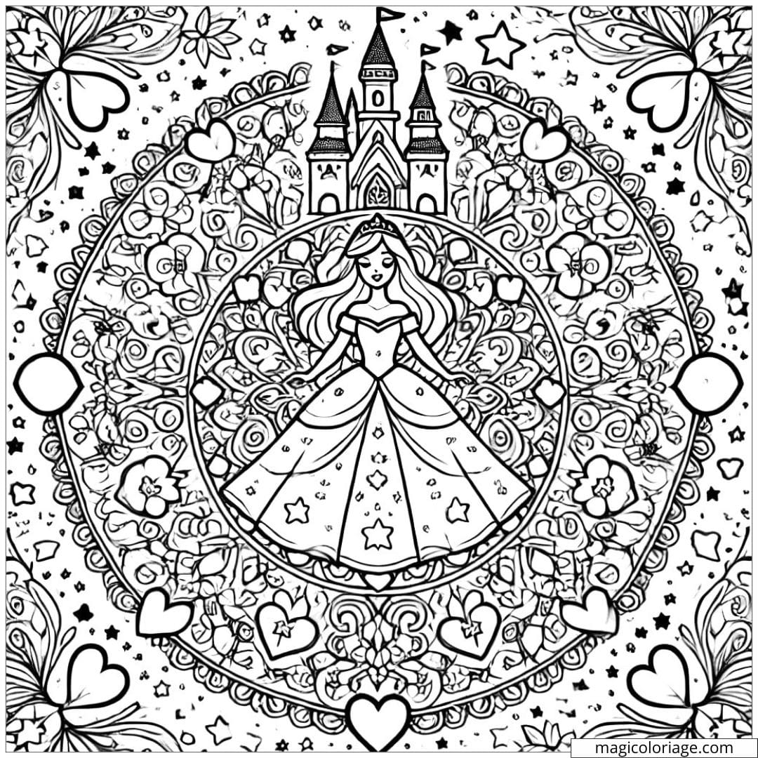 Mandala Disney avec une princesse, des châteaux, des étoiles et des cœurs pour coloriage enfants.