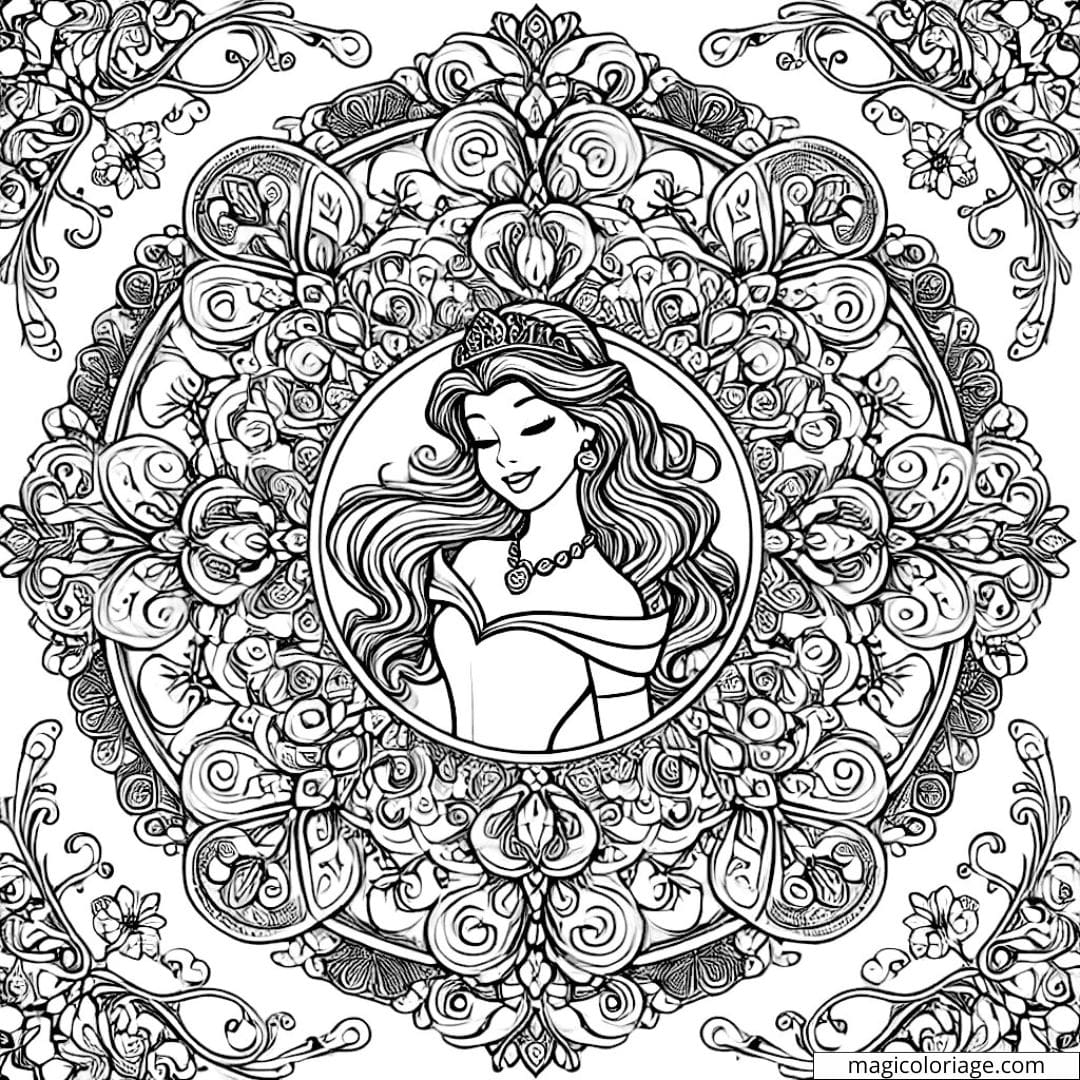 Mandala Disney avec princesse et motifs détaillés pour coloriage enfants.