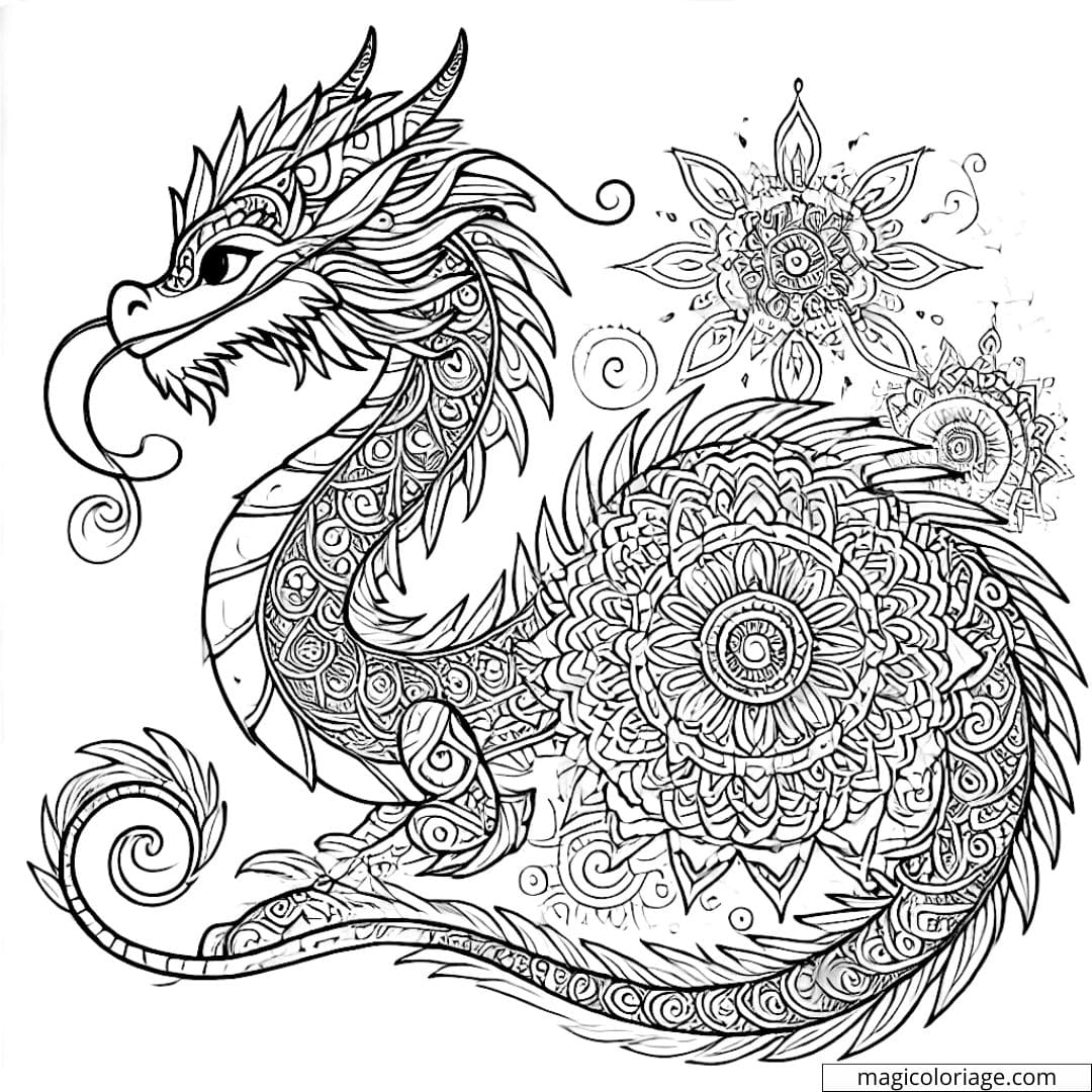 Dessin à colorier d'un dragon Disney avec motifs mandala, coloriage mandala dragon Disney à imprimer
