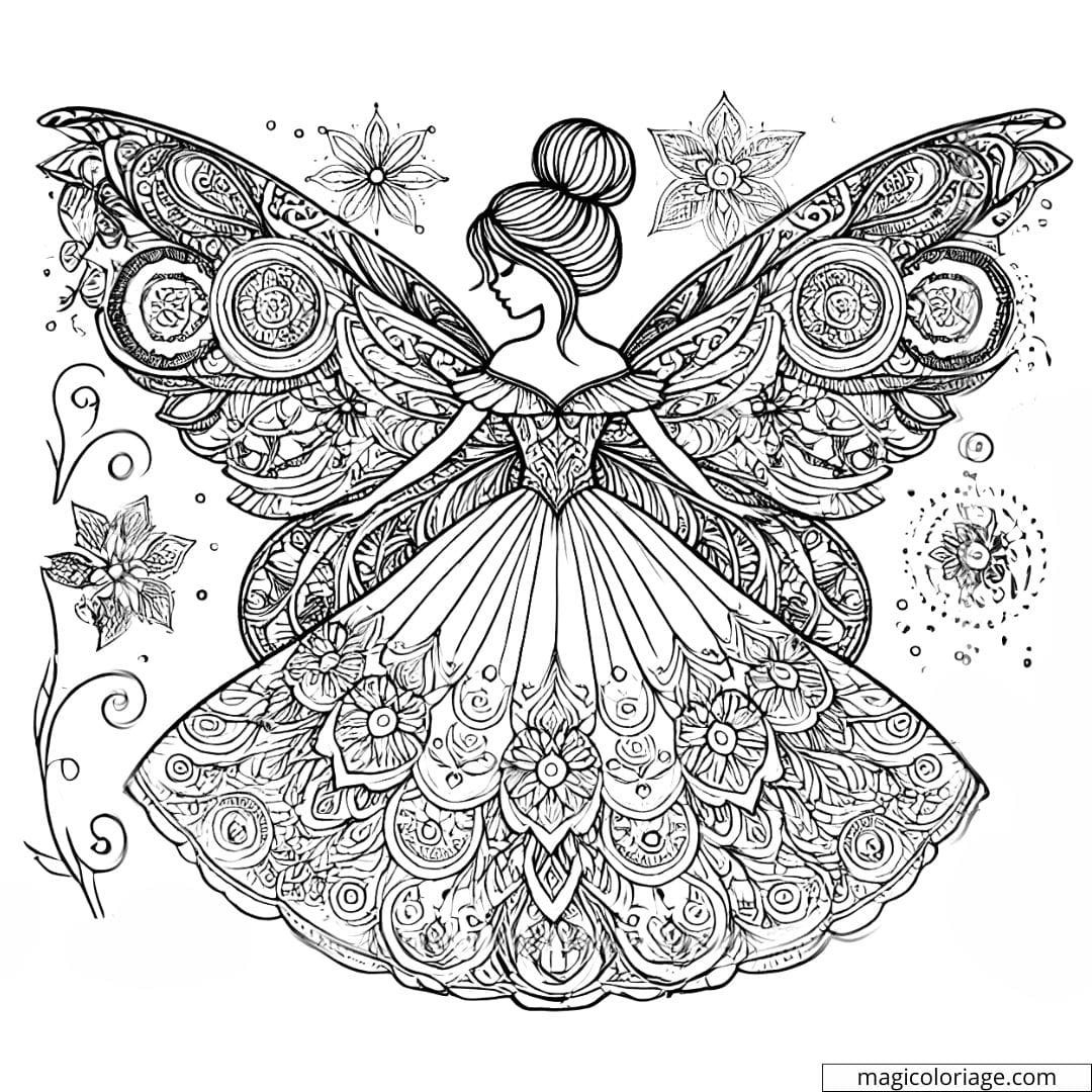 Dessin à colorier d'une fée enchantée Disney avec motifs mandala, coloriage mandala fée enchantée Disney à imprimer