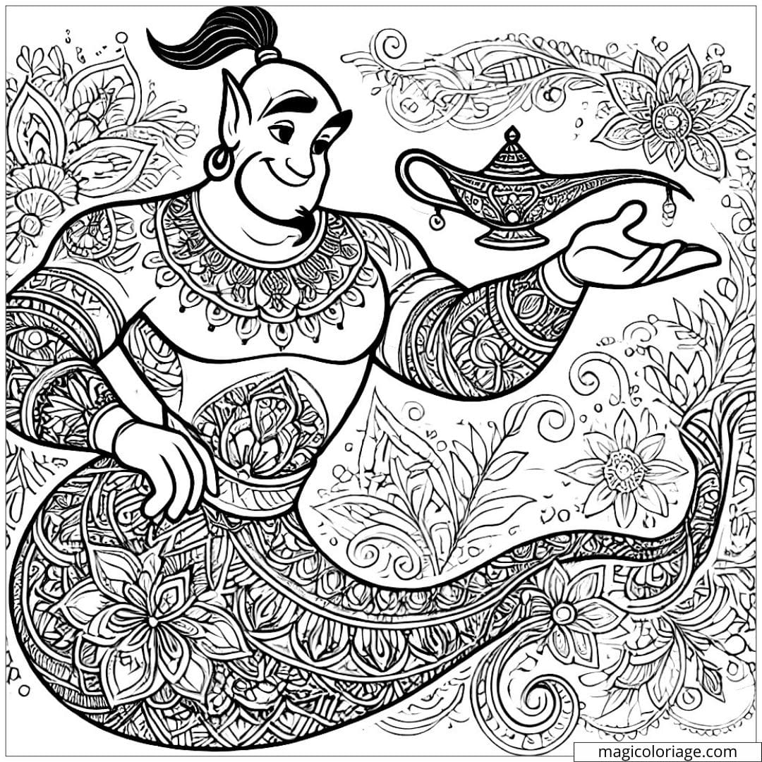 Dessin à colorier d'un génie enchanté Disney avec motifs mandala, coloriage mandala génie enchanté Disney à imprimer