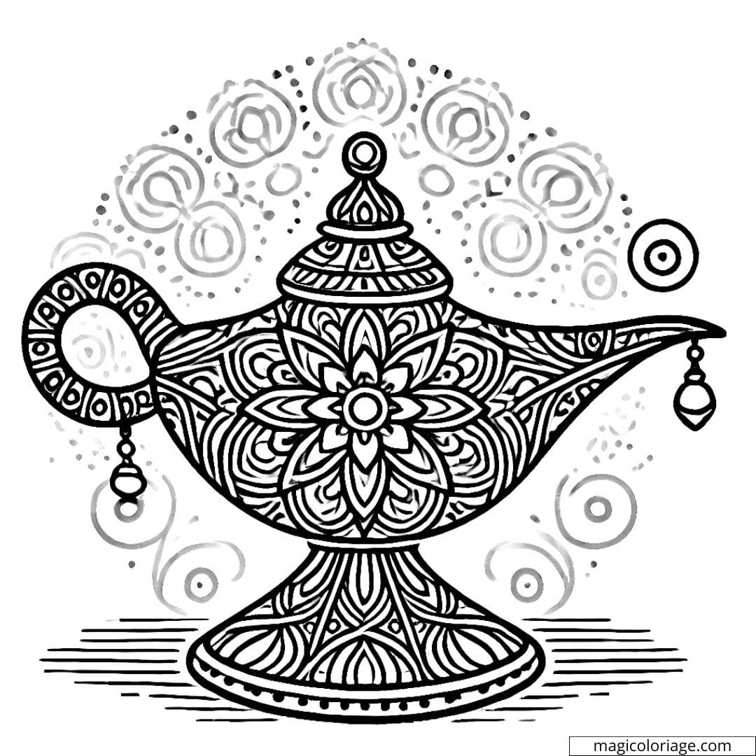 Dessin à colorier d'une lampe magique Disney avec motifs mandala, coloriage mandala lampe magique Disney à imprimer