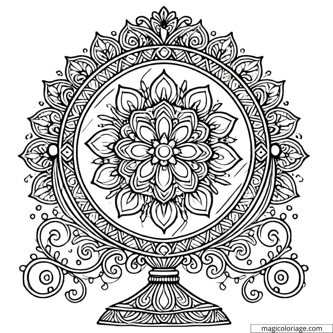 Dessin à colorier d'un miroir enchanté Disney avec motifs mandala, coloriage mandala miroir enchanté Disney à imprimer