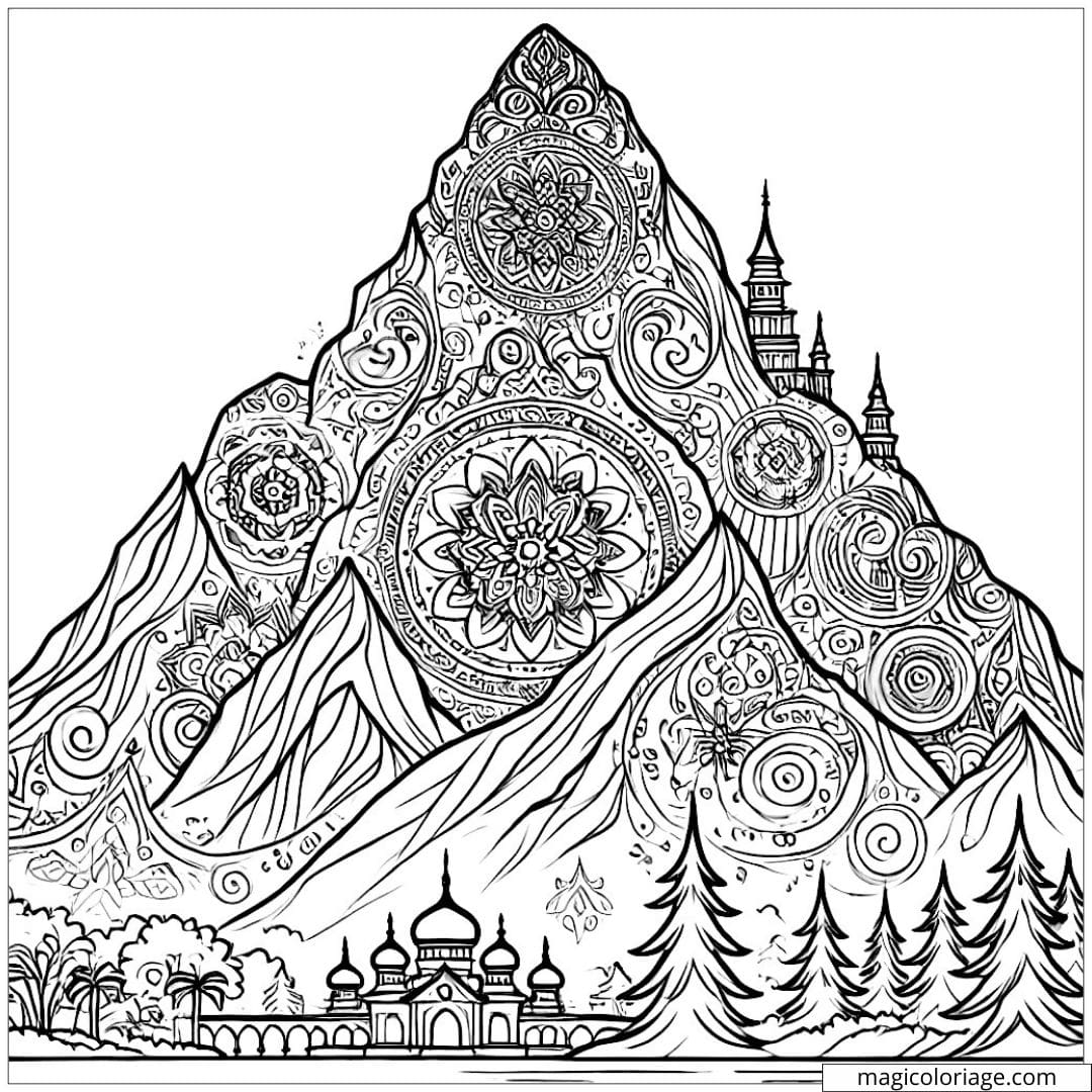 Dessin à colorier d'une montagne mystique Disney avec motifs mandala, coloriage mandala montagne mystique Disney à imprimer