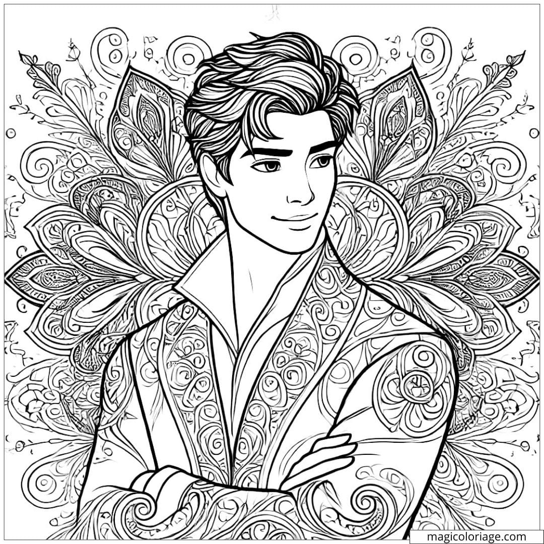 Dessin à colorier d'un prince enchanté Disney avec motifs mandala, coloriage mandala prince enchanté Disney à imprimer
