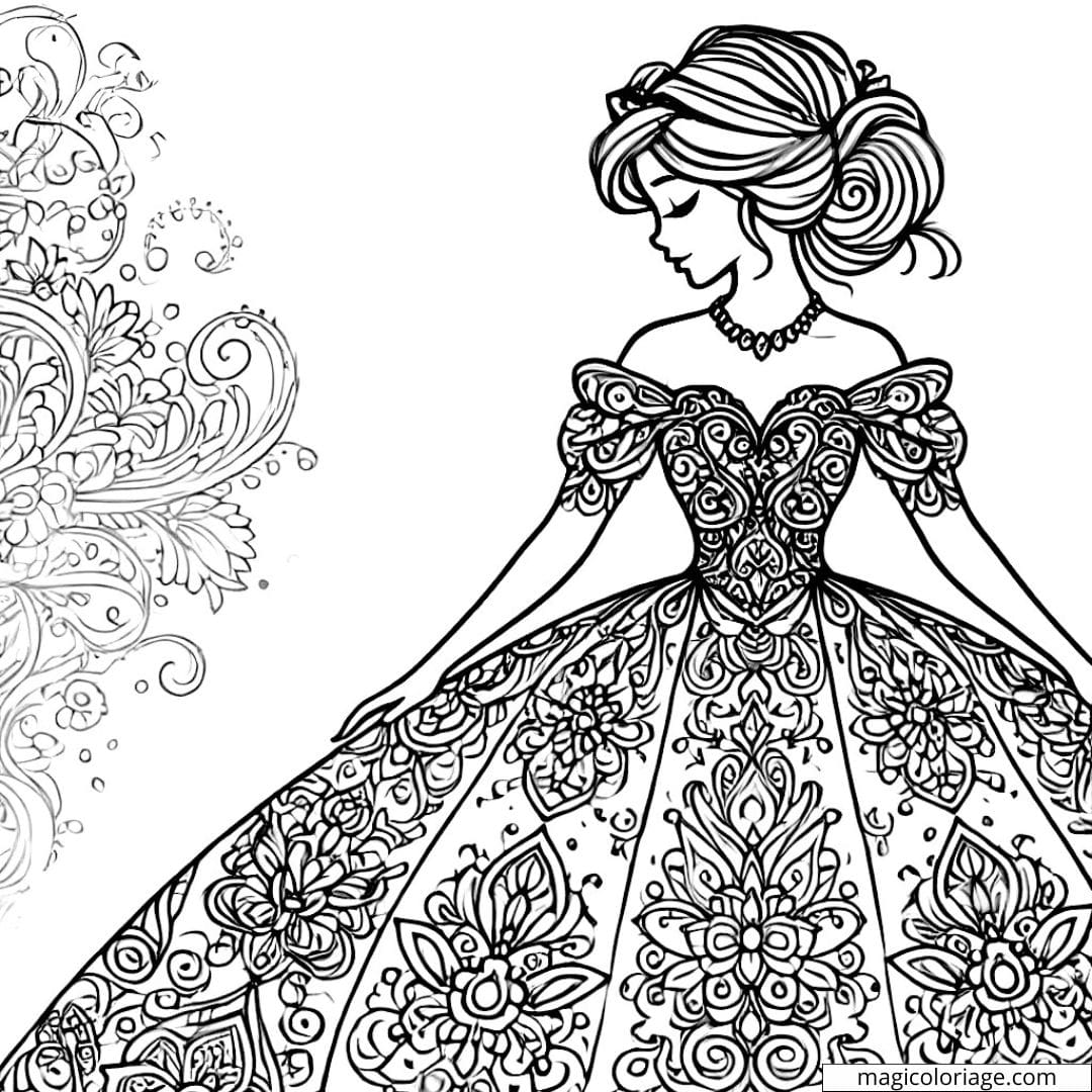 Dessin à colorier d'une princesse Disney avec motifs mandala, coloriage mandala princesse Disney à imprimer