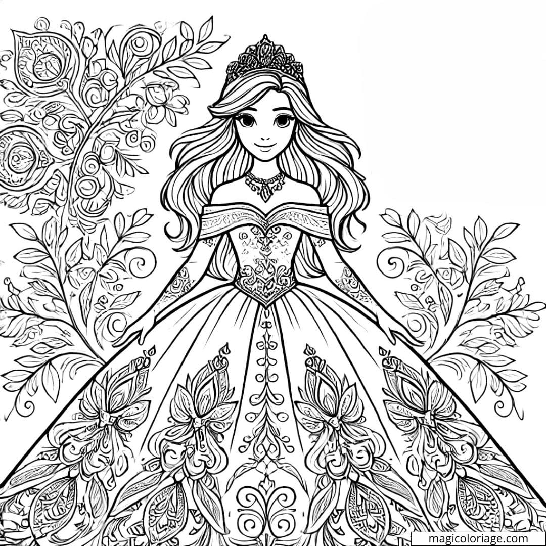 Dessin à colorier d'une princesse enchantée Disney avec motifs mandala, coloriage mandala princesse enchantée Disney à imprimer