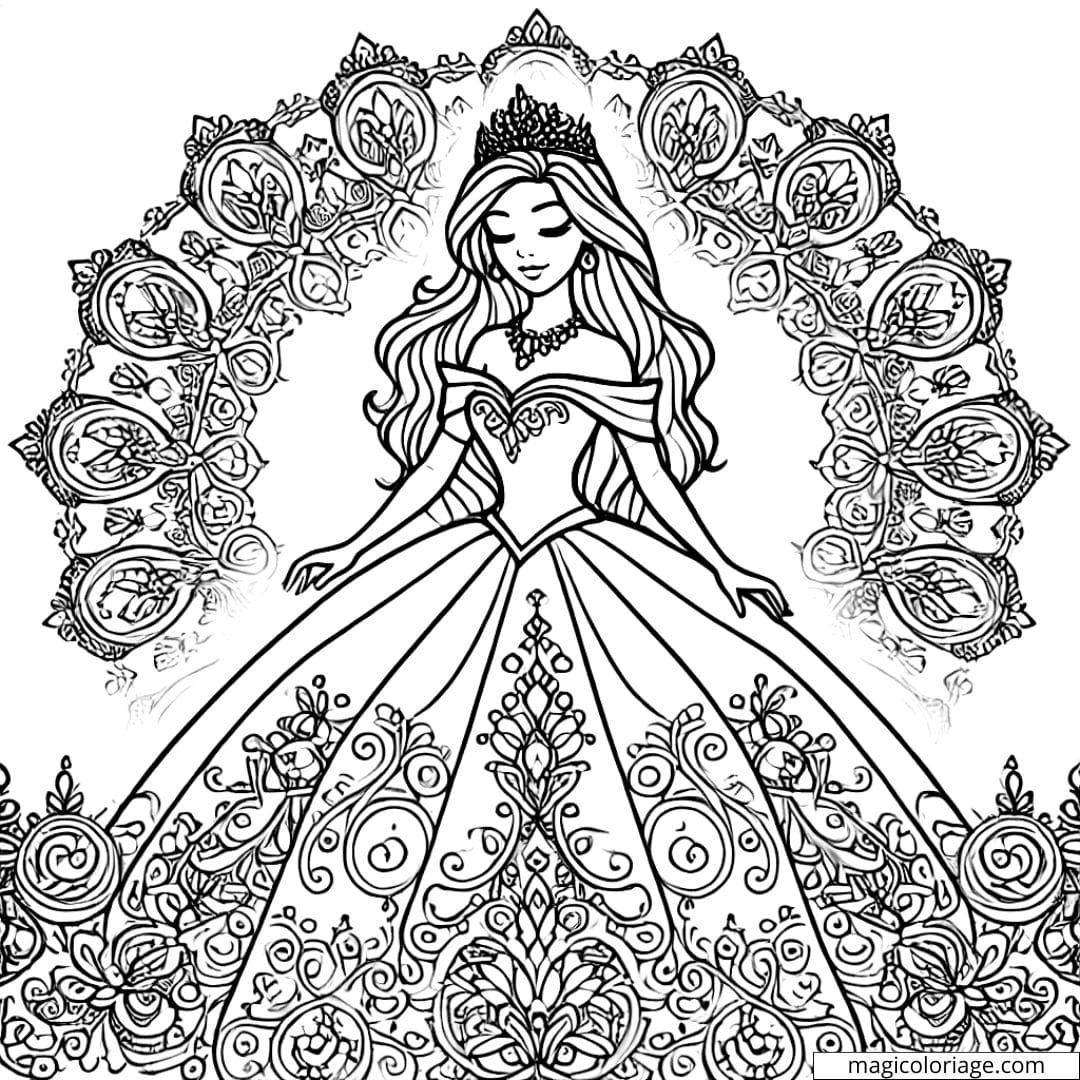 Dessin à colorier d'une reine enchantée Disney avec motifs mandala, coloriage mandala reine enchantée Disney à imprimer