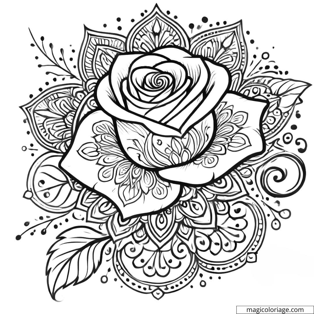 Dessin à colorier d'une rose enchantée Disney avec motifs mandala, coloriage mandala rose enchantée Disney à imprimer