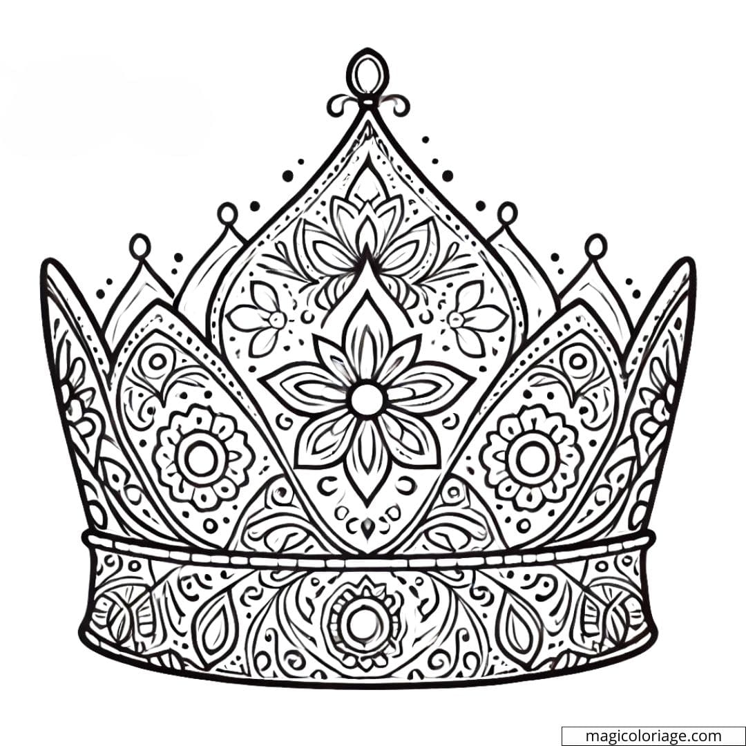 Dessin à colorier d'une couronne royale Disney avec motifs mandala, coloriage mandala couronne royale Disney à imprimer