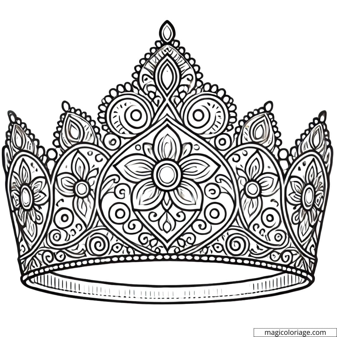 Dessin à colorier d'une tiare enchantée Disney avec motifs mandala, coloriage mandala tiare enchantée Disney à imprimer