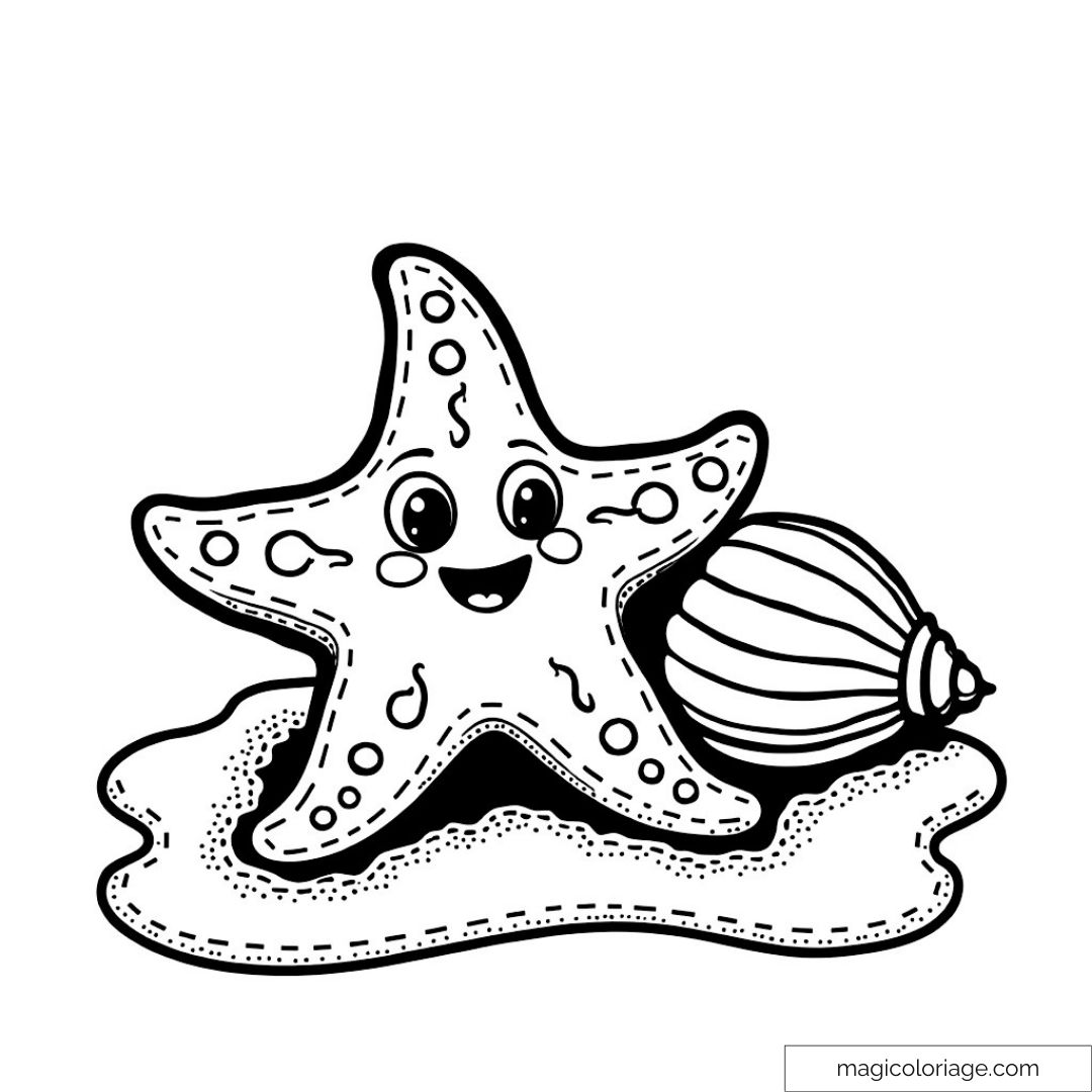Dessin étoile de mer joyeuse avec coquillage sur le sable
