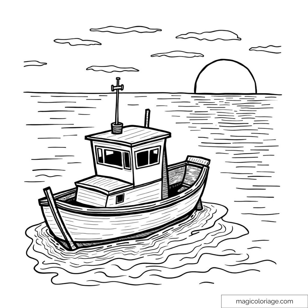 Dessin en noir et blanc d'un bateau sur la mer avec coucher de soleil.