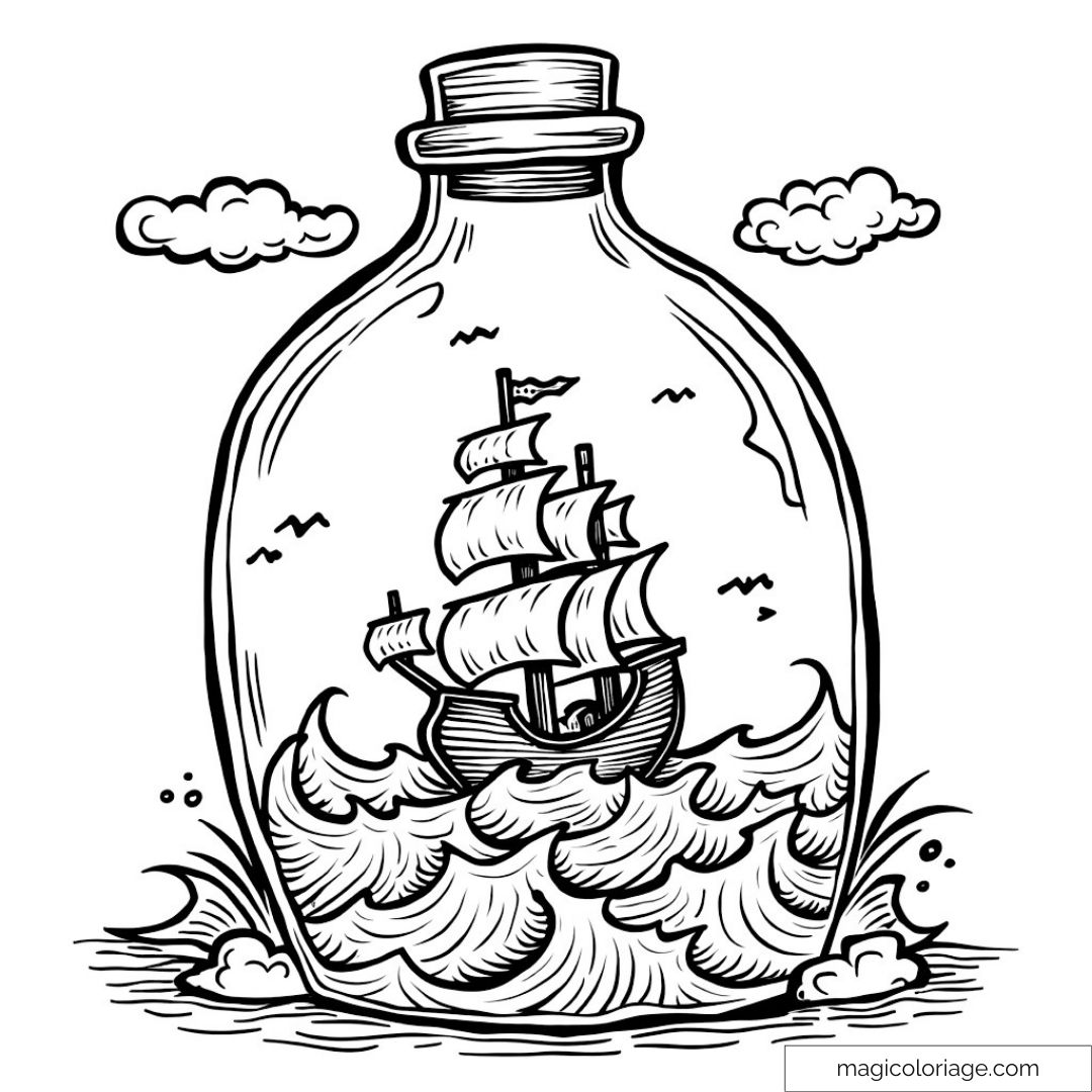 Bateau à voiles dans une bouteille sur les vagues