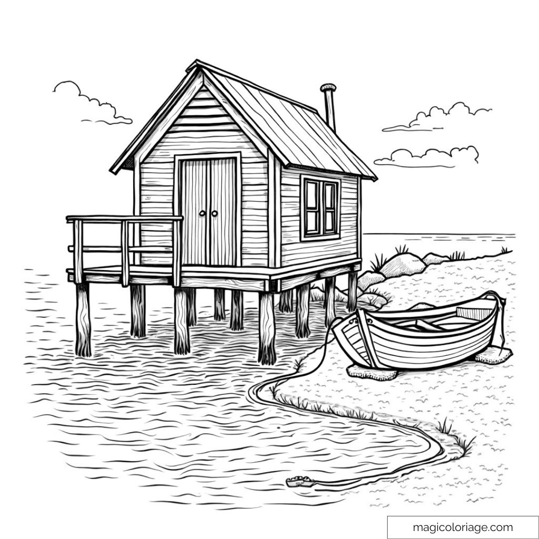 Dessin de cabane en bois sur pilotis avec barque sur la rive.