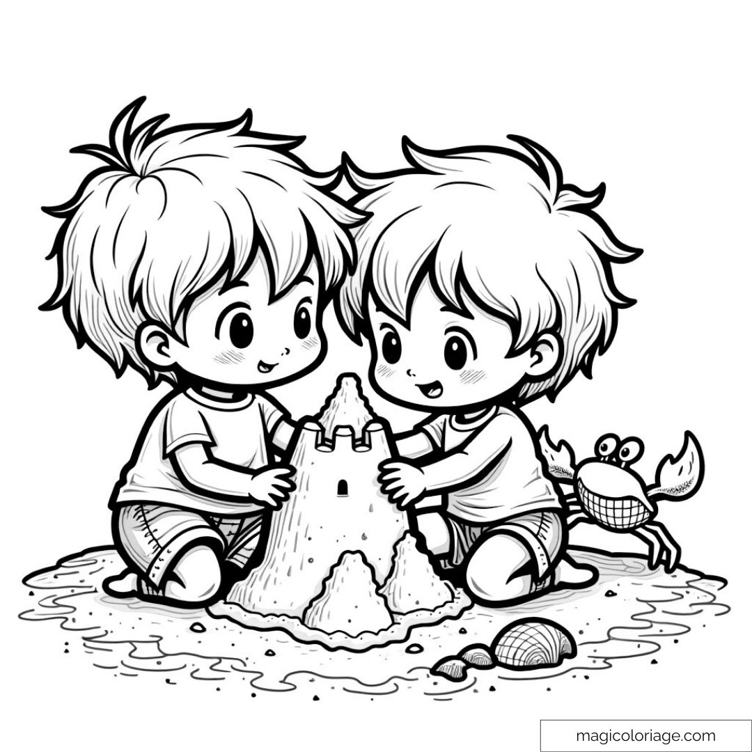Deux enfants construisant un château de sable avec un crabe à proximité.