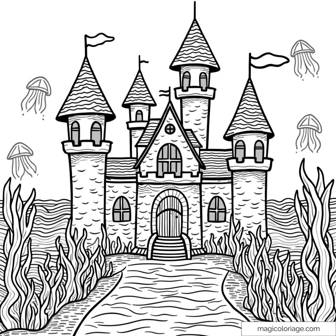 Image d’un château sous-marin entouré de méduses et d’algues.