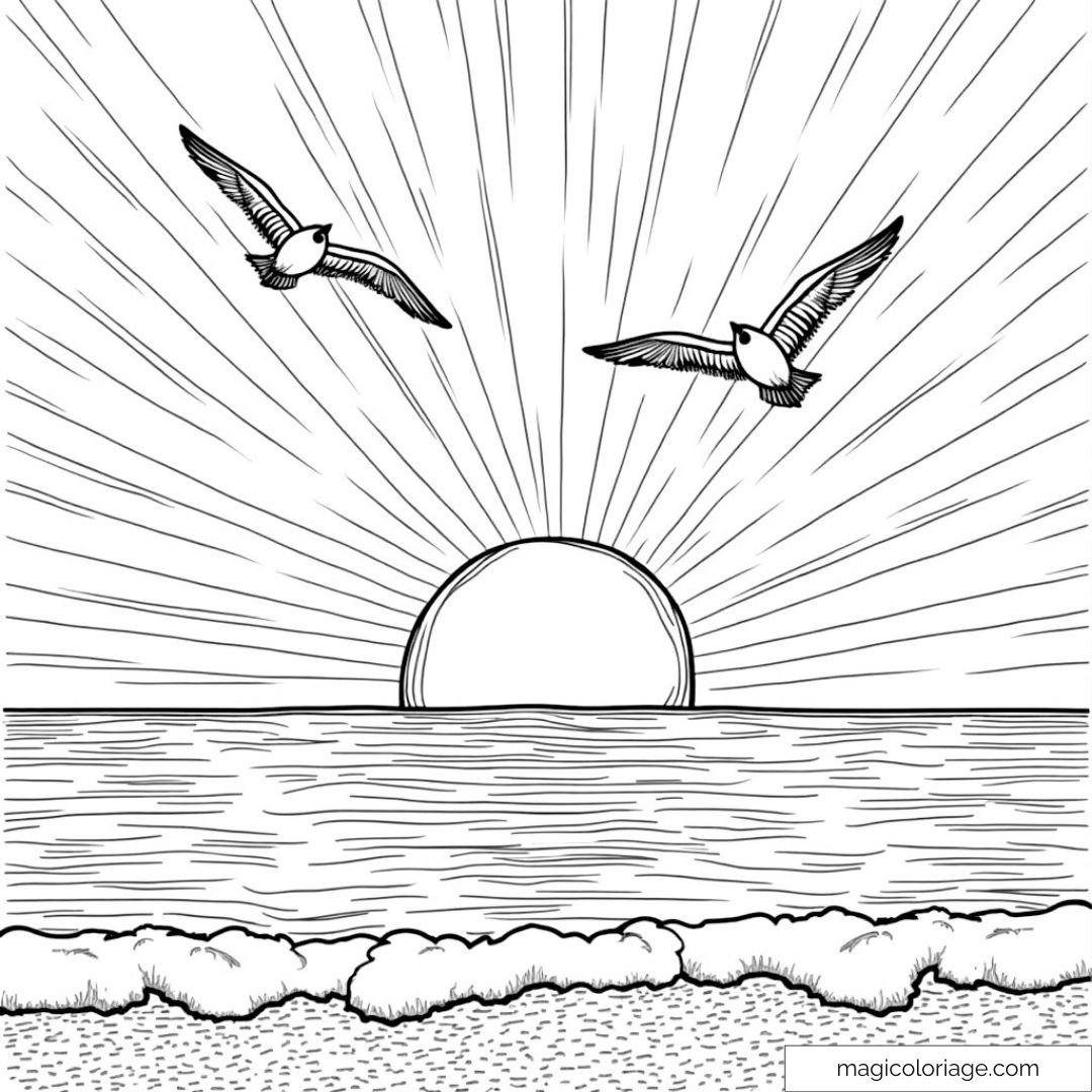 Oiseaux volant au-dessus d'un coucher de soleil sur l'océan.