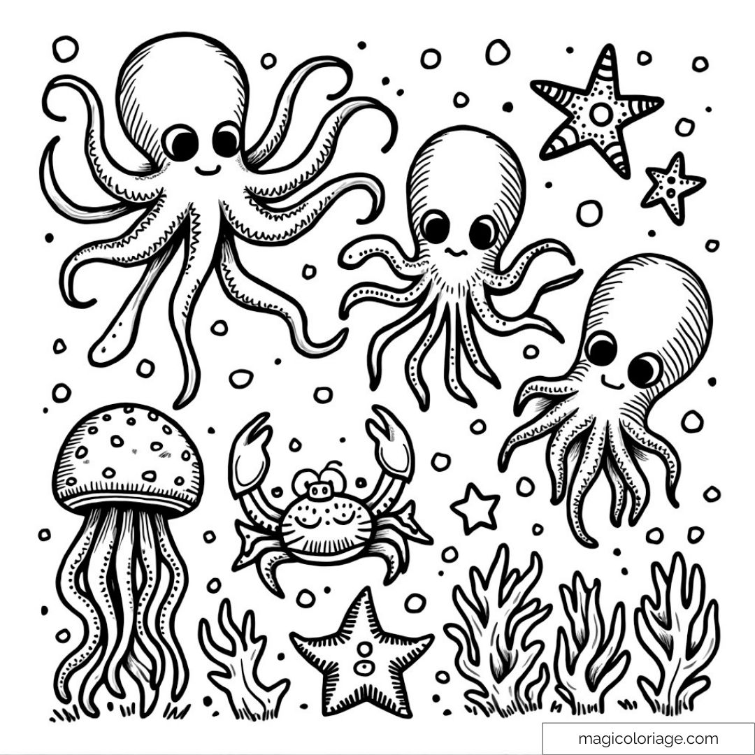 Dessin à colorier d'animaux marins avec pieuvres et crabe.