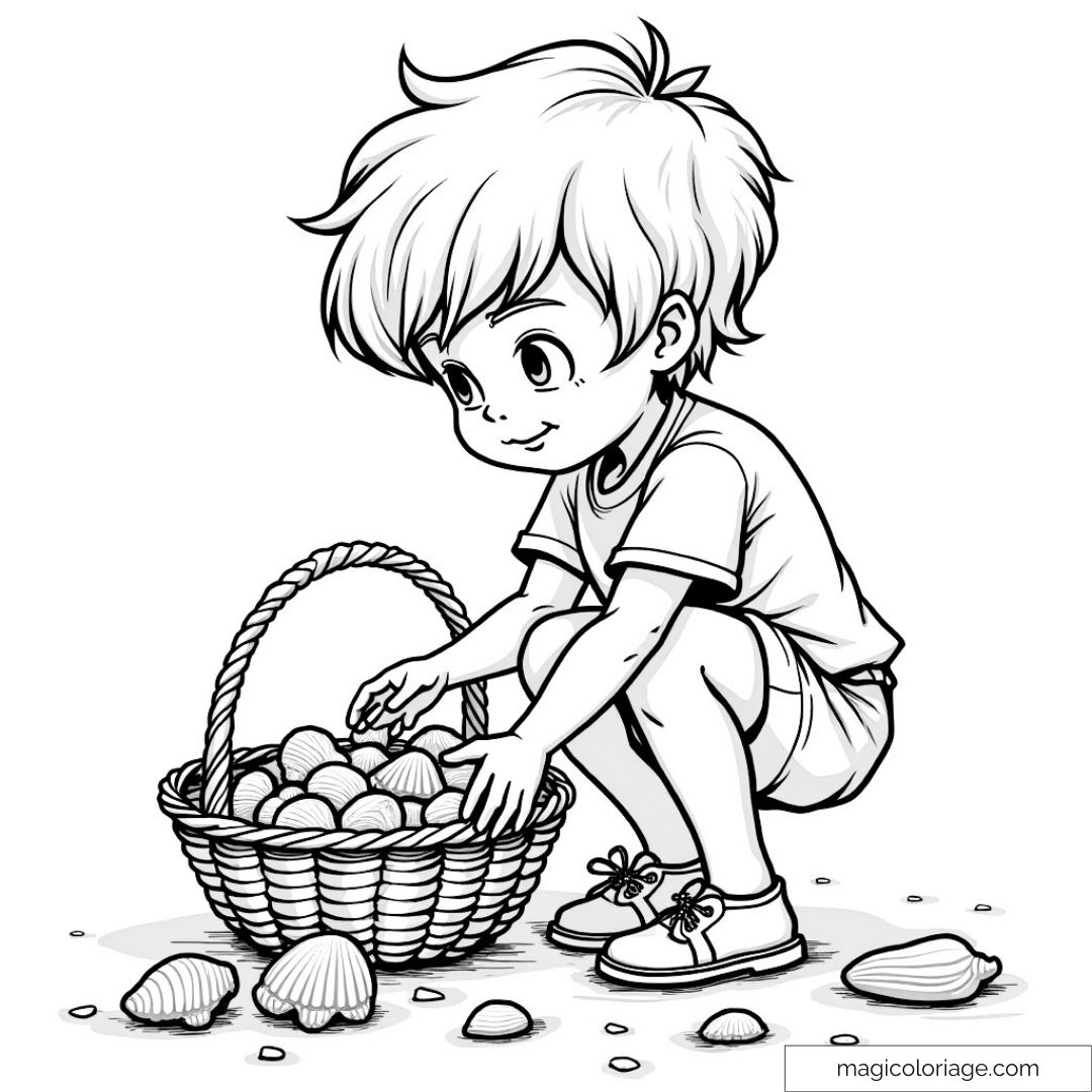 Enfant ramassant des coquillages avec panier à colorier