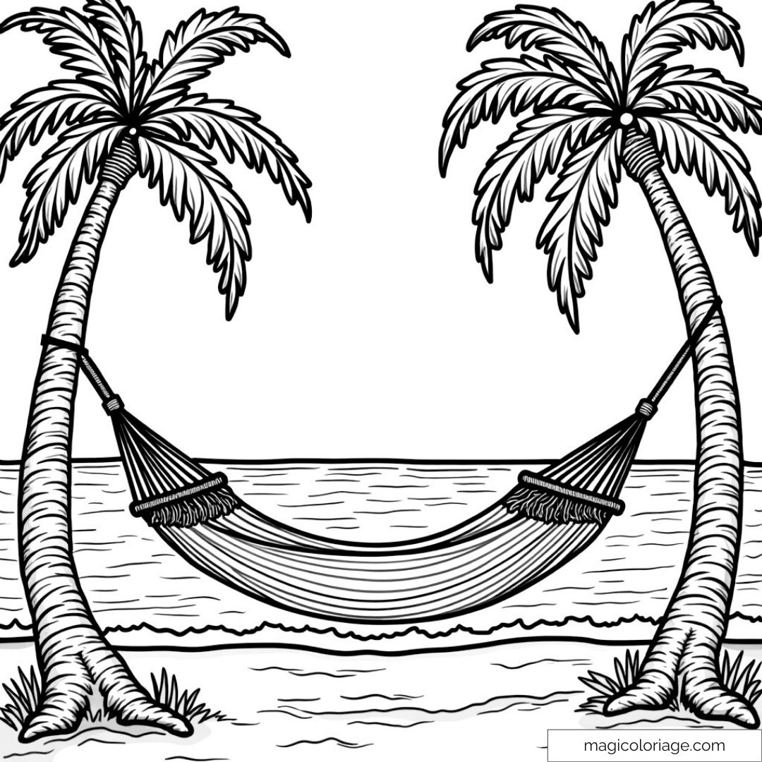 Dessin de hamac suspendu entre deux palmiers au bord de la mer.