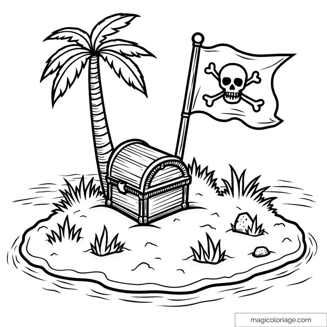 Dessin d'une île avec un coffre au trésor et un drapeau pirate à colorier.