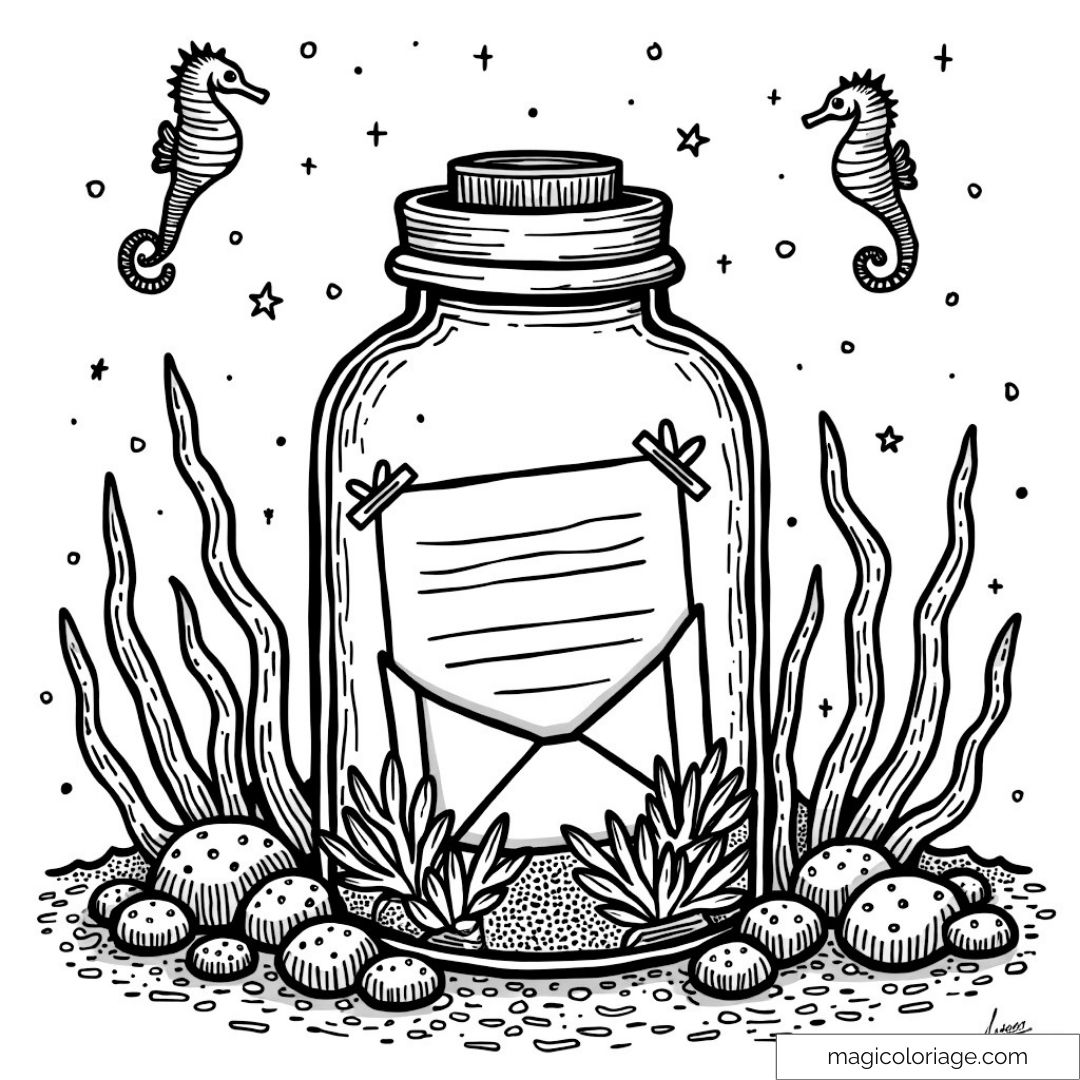 Coloriage lettre dans bouteille sous-marine avec algues