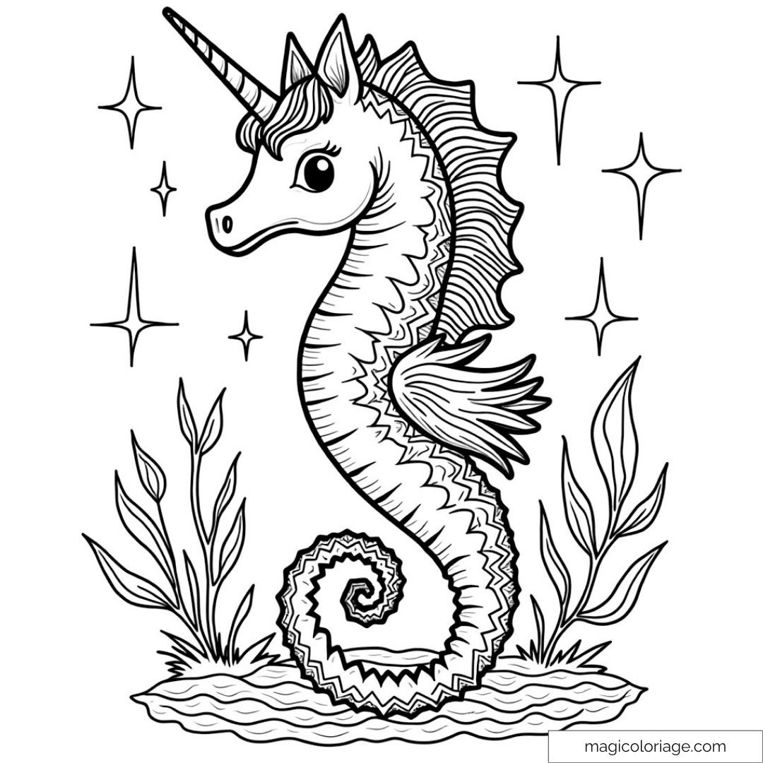Licorne de mer avec étoiles et algues à colorier pour enfants.