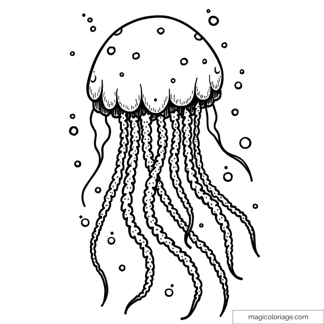 Dessin de méduse sous-marine entourée de bulles