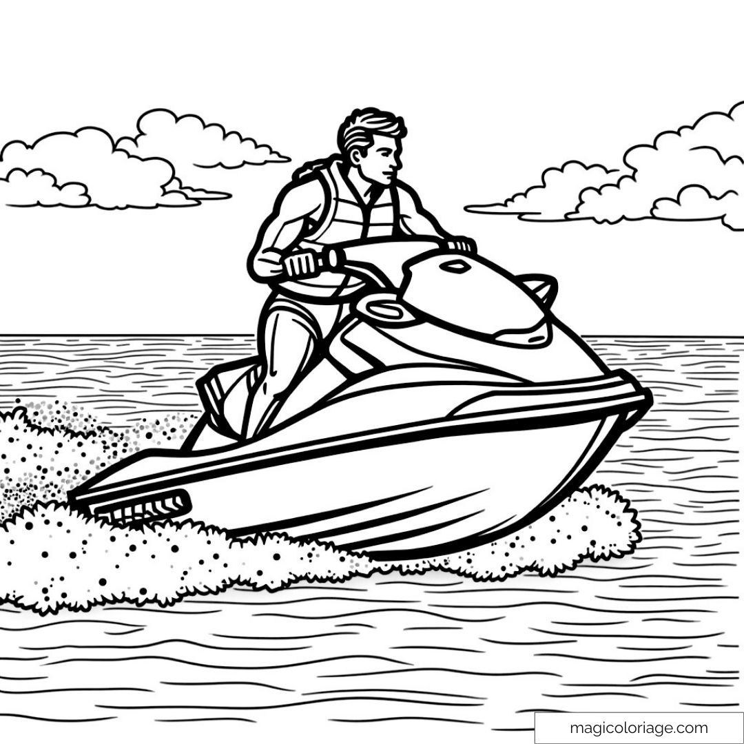 Homme conduisant un jet-ski sur l'eau avec ciel nuageux à l'arrière-plan.