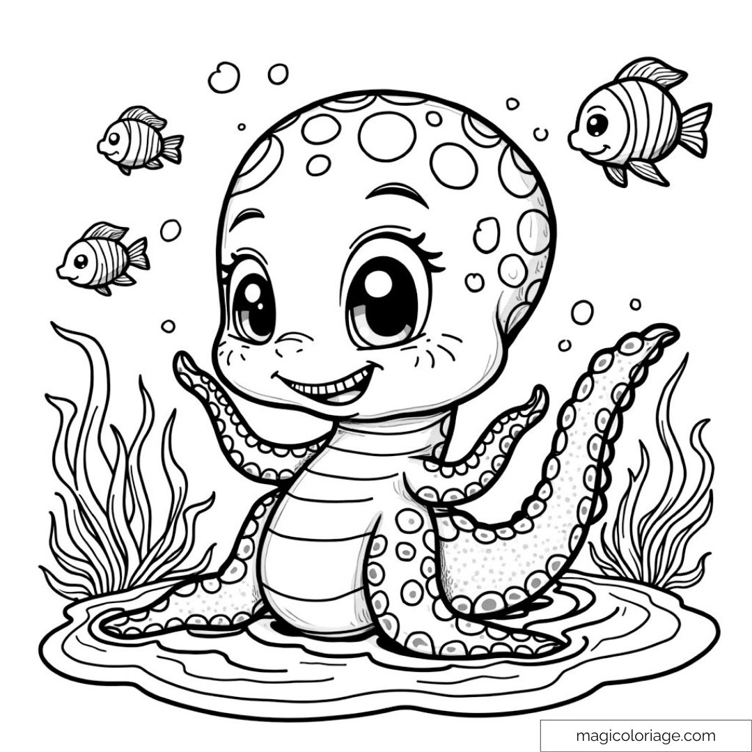 Pieuvre souriante avec poissons