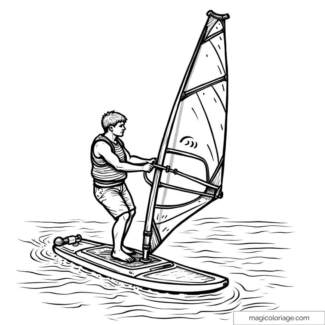 Dessin d'un homme en planche à voile sur une mer active.