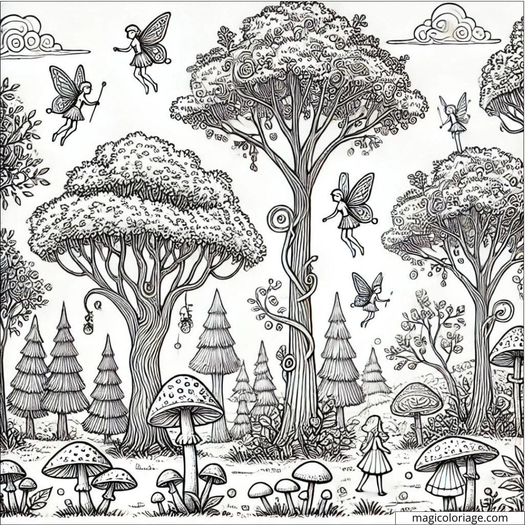 Dessin à colorier de forêt enchantée avec des fées, coloriage à imprimer pour enfants