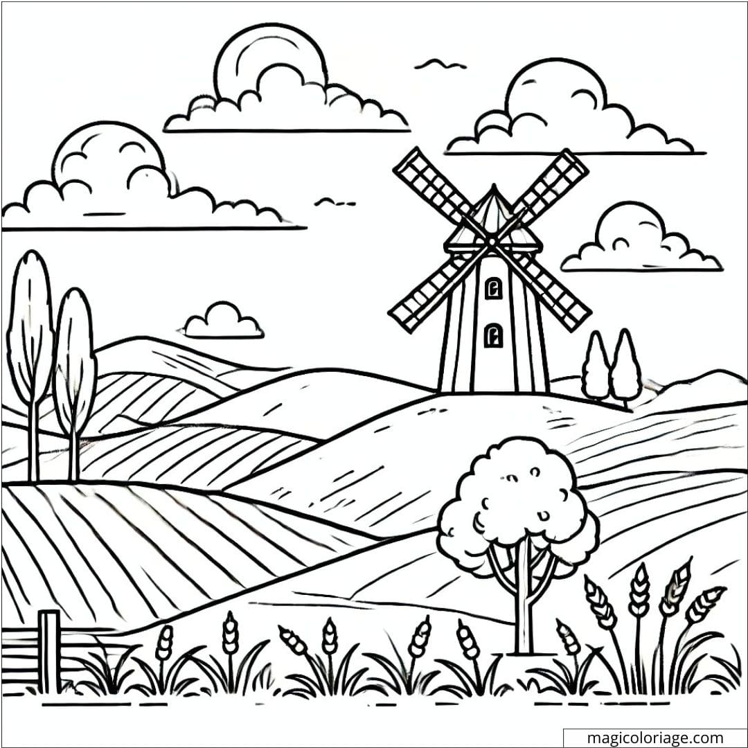 Dessin à colorier de paysage avec collines et un moulin, coloriage à imprimer pour enfants