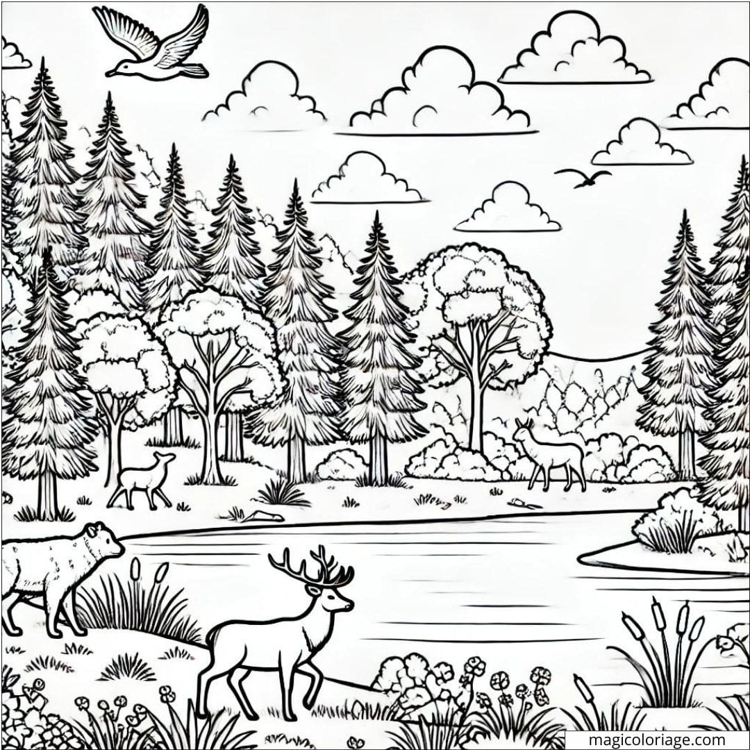 Coloriage paysage avec un lac et une forêt à imprimer, dessin à colorier pour enfants