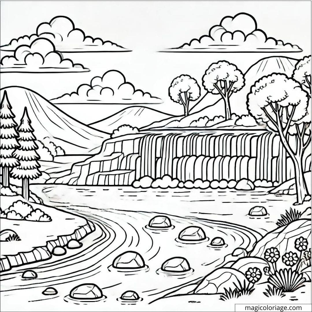 Découvrez ce magnifique coloriage de paysage avec une rivière et une cascade. Imprimez ce dessin pour offrir un moment de détente et de créativité aux enfants.