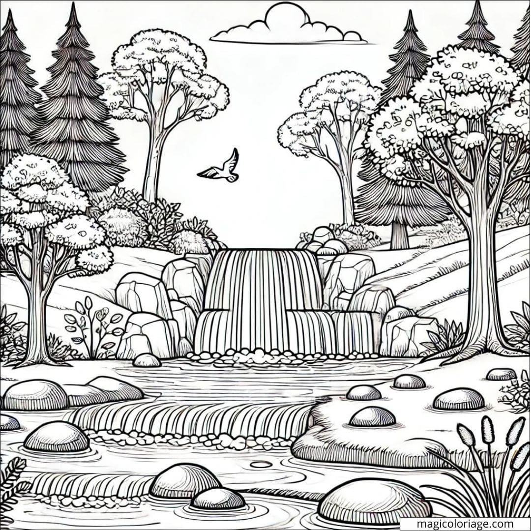 Dessin à colorier de cascade avec des rochers, coloriage à imprimer pour enfants