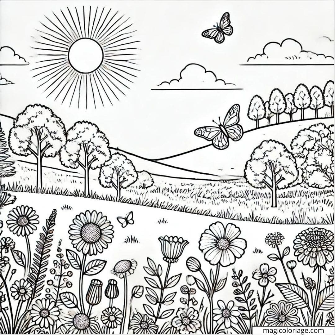 Coloriage paysage de prairie avec des fleurs à imprimer, dessin à colorier pour enfants