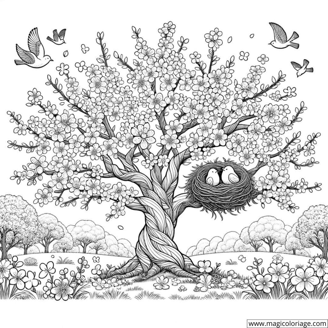 Nid d'oiseaux dans un arbre en fleurs à colorier