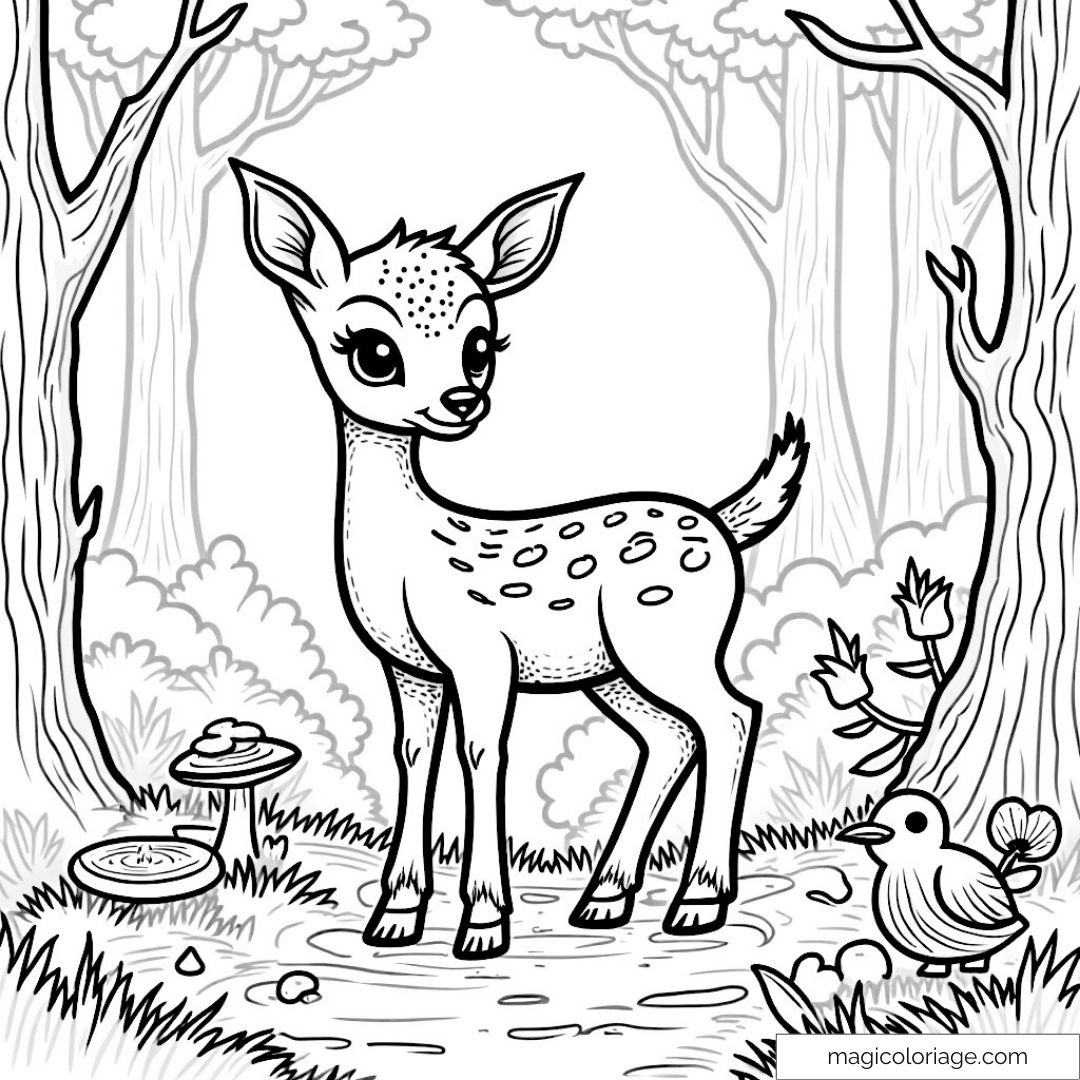 Coloriage de Bambi dans la forêt avec oiseaux et nature