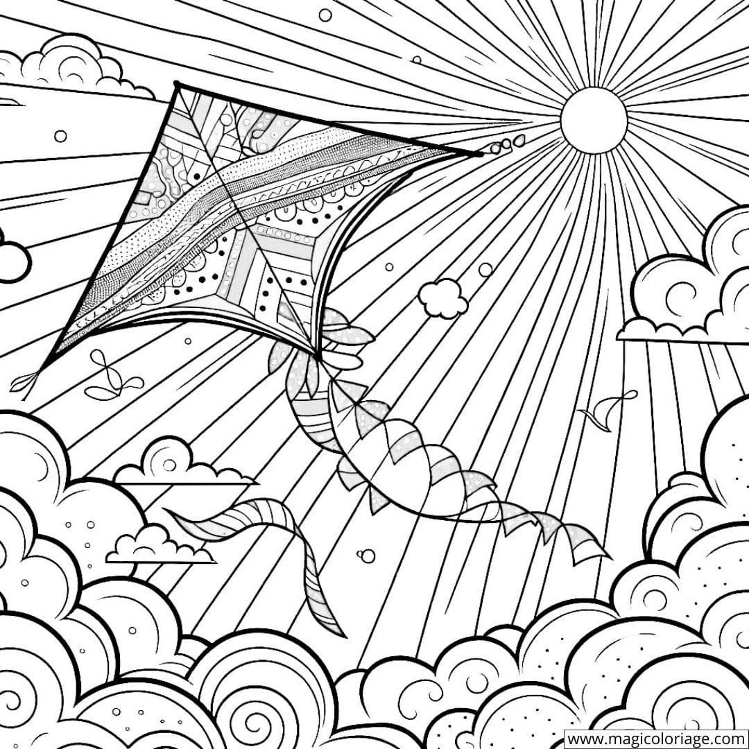 Cerf-volant flottant dans le ciel à colorier