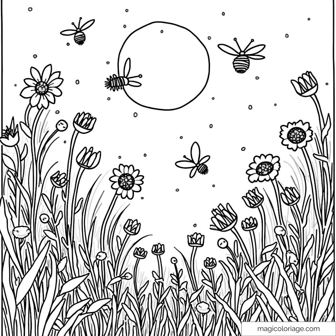 Dessin de fleurs et abeilles dans un champ en pleine nature.