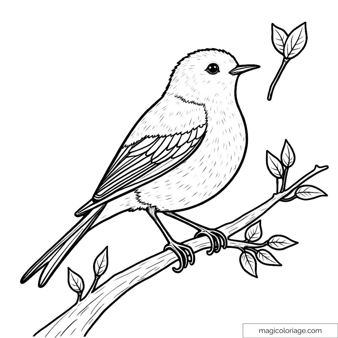 Dessin à colorier d'un oiseau perché sur une branche avec des feuilles.