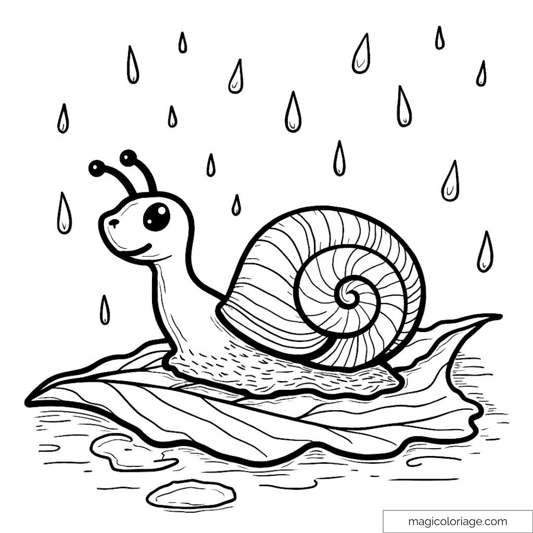Dessin noir et blanc d'un escargot souriant sur une feuille avec des gouttes de pluie.